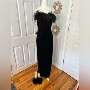 Black vintage velour cocktail party evening dress with feathers